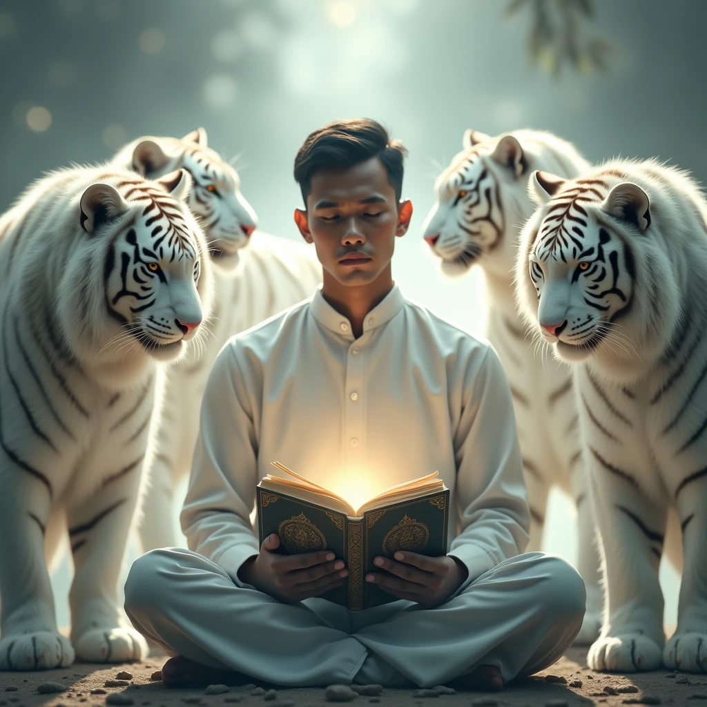 Indonesian man holding a Quran book with divine light surrounding it along with several shining white tigers
