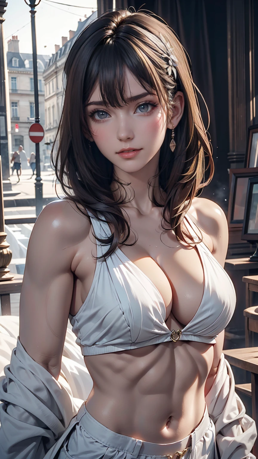 Paris , Storm scene, Edwardian woman in white, watercolor 、24-year-old woman、Attractive Young Woman, (Beautiful Face:1.1), Detailed eyes, Seductive lips, (eye make up:1.2), (Medium chest:1.0), (Toned body:1.2), Sexy proportions、Narrow waist