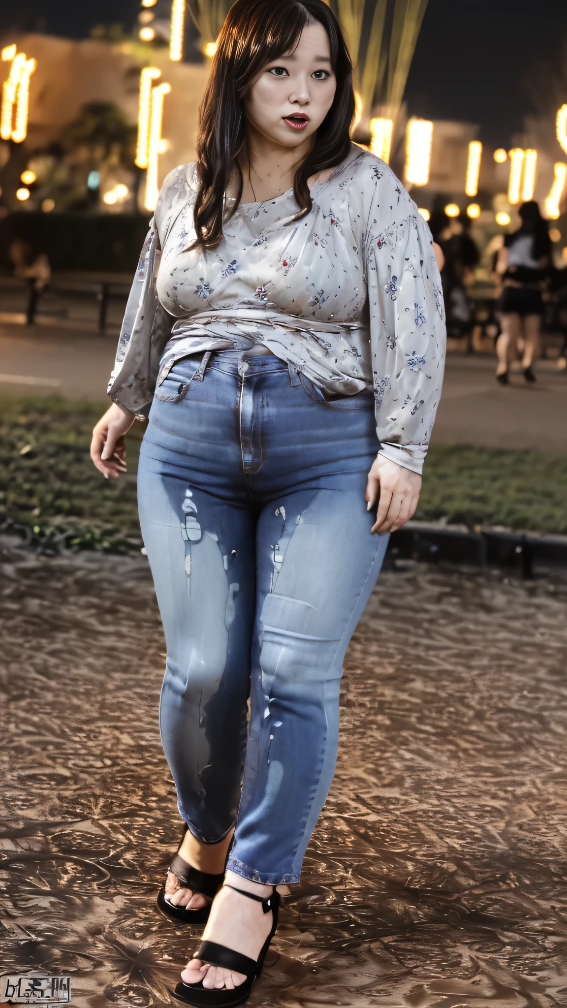 1woman,fullbody,(masterpiece:1.8),photo-realistic,16k,(beautiful 40s japanese plump gal,chubby:1.3),(night,crowded park,fireworks:1.2),(black frilled chiffon blouse:1.2),belt,(jeans:1.1),(sandals:1.2),(panicking:1.4),(crying:1.4),(wetting:1.2),(dripping pee:1.2),peeing,pee puddle,(brown straight very long hair:1.2),black eyes,(heavy makeup:1.2)