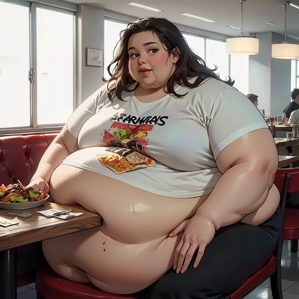 (masterpiece, detailed, realistic:1.2), young woman, USSBBW, (morbidly obese, fatblob:1.3), detailed face, beautiful face, high aesthetic, eating junk food, restaurant, messy, slob, nude