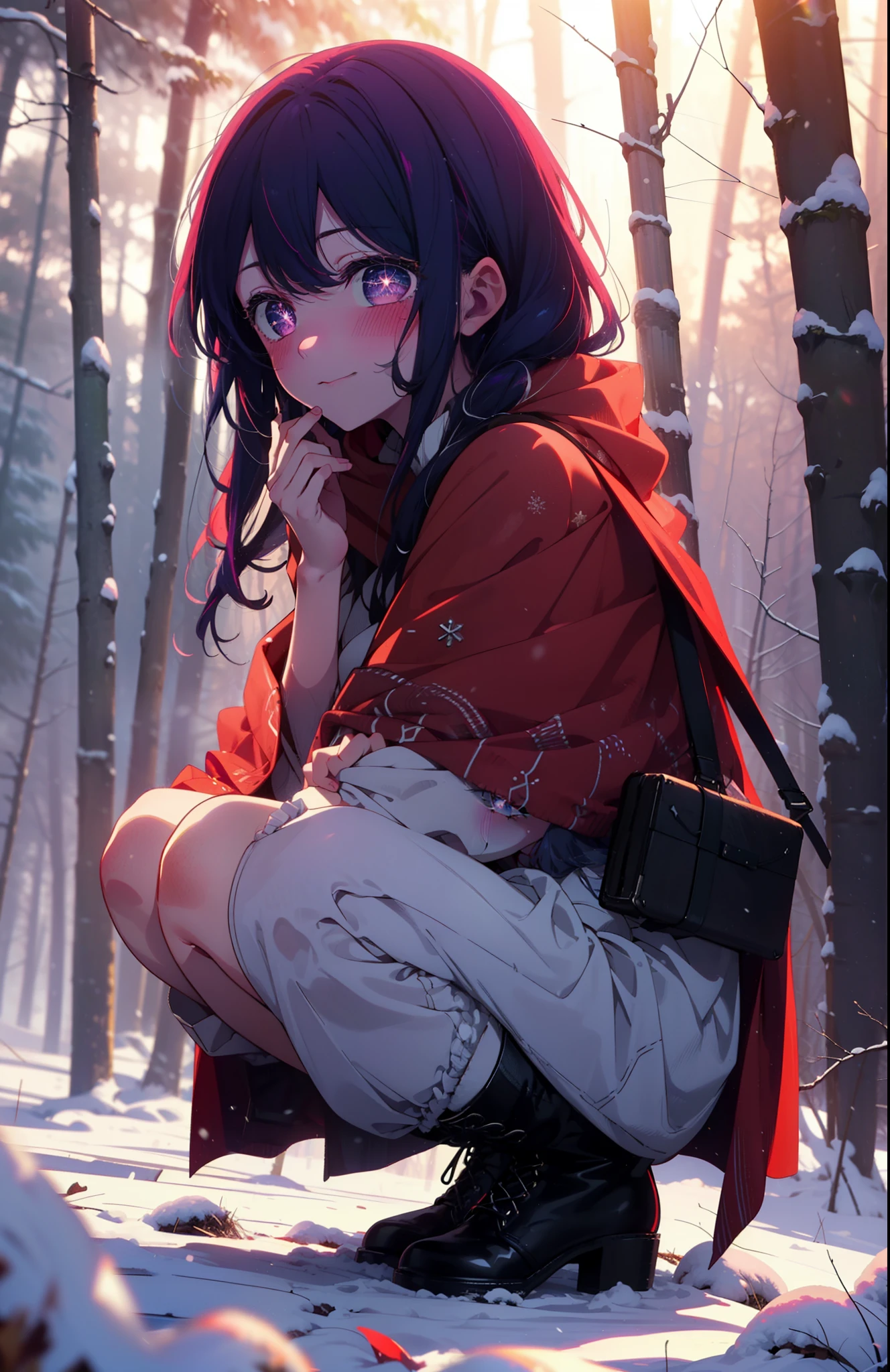 aihoshino, Ai Hoshino, Long Hair, bangs, (Purple eyes:1.1), Purple Hair, (Symbol-shaped pupil:1.5), smile,,smile,blush,white breath,
Open your mouth,snow,Ground bonfire, Outdoor, boots, snowing, From the side, wood, suitcase, Cape, Blurred, , forest, White handbag, nature, Squat, Mouth closed, Cape, winter, Written boundary depth, Black shoes, red Cape break looking at viewer, Upper Body, whole body, break Outdoor, forest, nature, break (masterpiece:1.2), Highest quality, High resolution, unity 8k wallpaper, (shape:0.8), (Beautiful and beautiful eyes:1.6), Highly detailed face, Perfect lighting, Highly detailed CG, (Perfect hands, Perfect Anatomy),