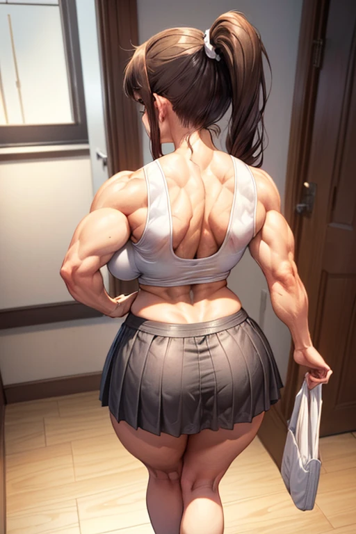 Pretty young girl, brown hair,beautiful long low ponytail hairstyle, (tight grey skirt and tight white bikini , short sleeve,,(slouch),(reisalin stout),(wide muscles),((sexy voluptuous body),((sexy back view)),(walking at room),(sexy body flexes)