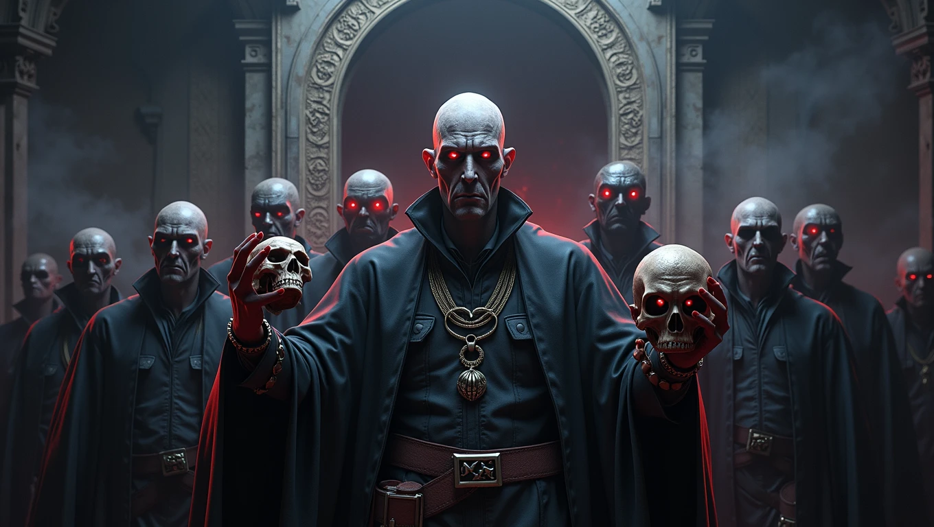 Image of a group of people and a man holding a skull, Evil Mastermind, Grandmaster, Key Art, Blood, Blood; Dark movie lighting, Loading Screen, Remake, Old Master, Bloodthirsty, Shocking fantasy horror, Superb digital art, Bloodlust, Blood temple, 8k high quality detailed art, masterpiece, CG Art