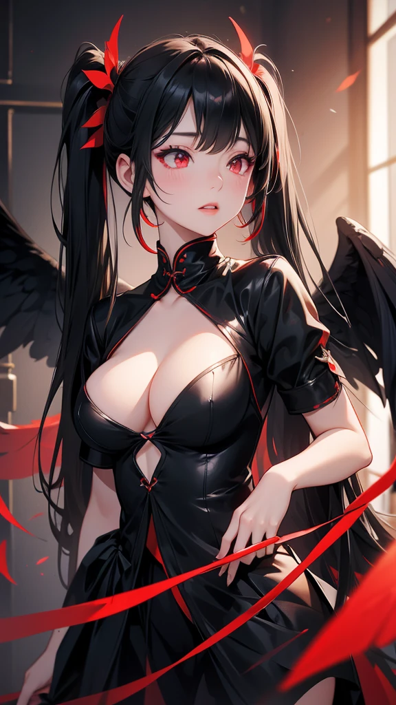 Long black hair, red eyes, twin tails, fallen angle, adult, large breasts, black angle wings