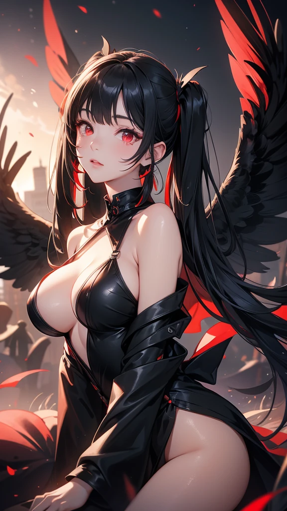 Long black hair, red eyes, twin tails, fallen angle, adult, large breasts, black angle wings