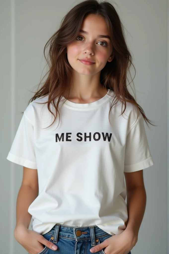 Beautiful girl wearing slim fit t-shirt of ME SHOW Includeing brand logo add tag line
live in style