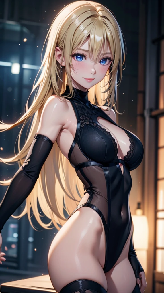 One Girl,alone,Very detailed肌,Glowing Skin,Wet oily skin,Natural smile ,eyelash,Lip gloss,blue eyes,Half-open eyes,blonde,Pin one side of your hair back,Side Blade,Large Breasts,Black bodysuit,Ninja costume,Fishnet arms,Cowboy Shot,Model pose,Particles of light,,masterpiece,Highest quality,Very detailed,High resolution,Sharp focus