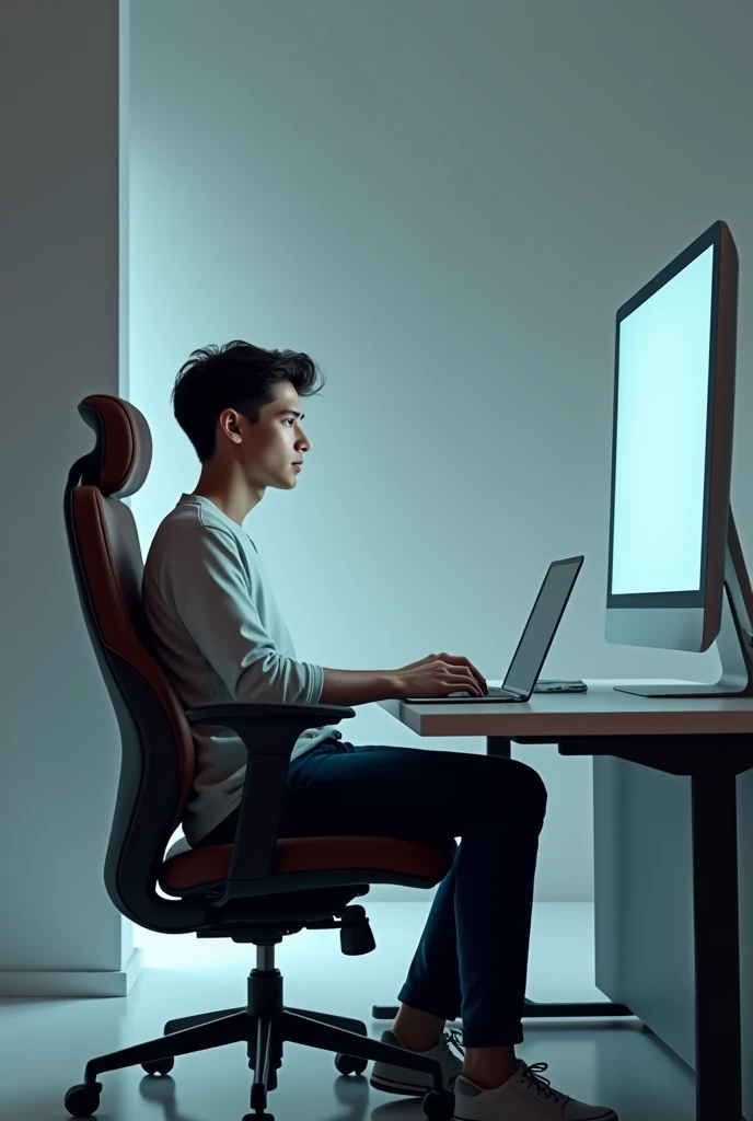 A 20-year-old boy is sitting on a laptop chair in front