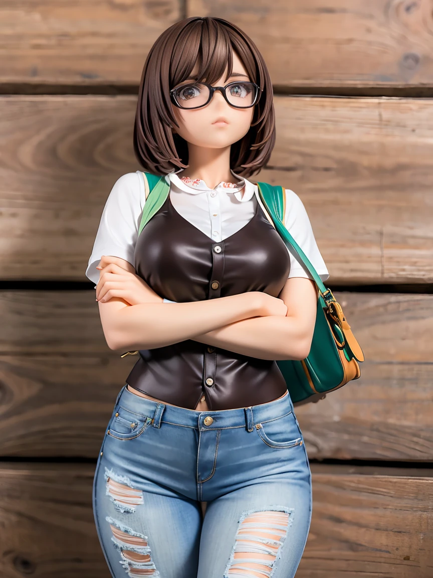 Short woman, brown hair on her shoulder, glasses, side bag on her waist, sleepy eyes, white blouse, jeans, tattoos on her arms, crossed arms, 4k textures, high resolution