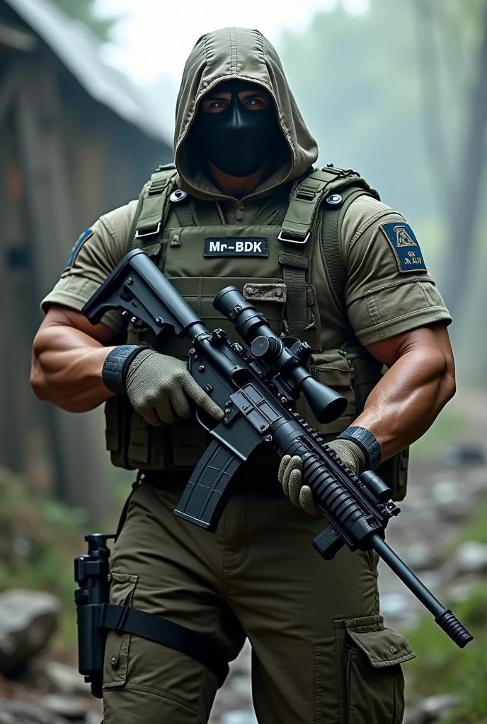 Muscular army man,holding a AWM sniper gun,camping ,ghost mask on his face,with the name Mr-BDK on chest  batch,wearing army grass costume