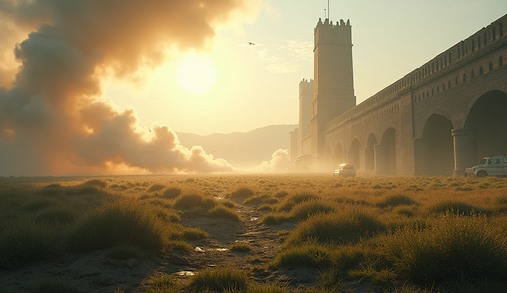 masterpiece:1.2), (best quality:1.2), 8K, HDR, Extremely detailed, ((Reality)), Professional lighting, Movie Lighting, fashion photography, Ambient Lighting, background, Daytime, epiC Photos, flame,grassland,City Wall, Broken earth,Ballistic Light,smoke,很有冲击感的background