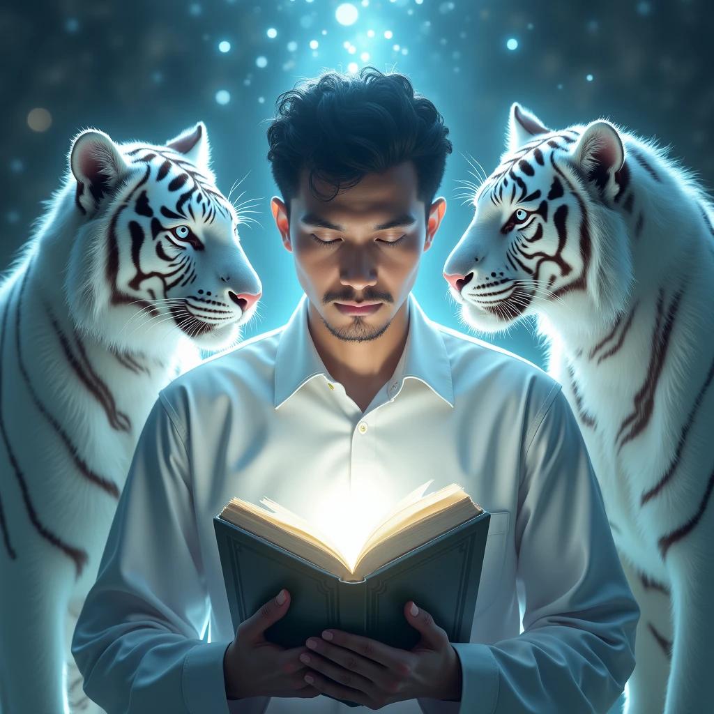 Indonesian man face censored divine light holding the Quran book with divine light surrounding him along with some shining white tigers 
