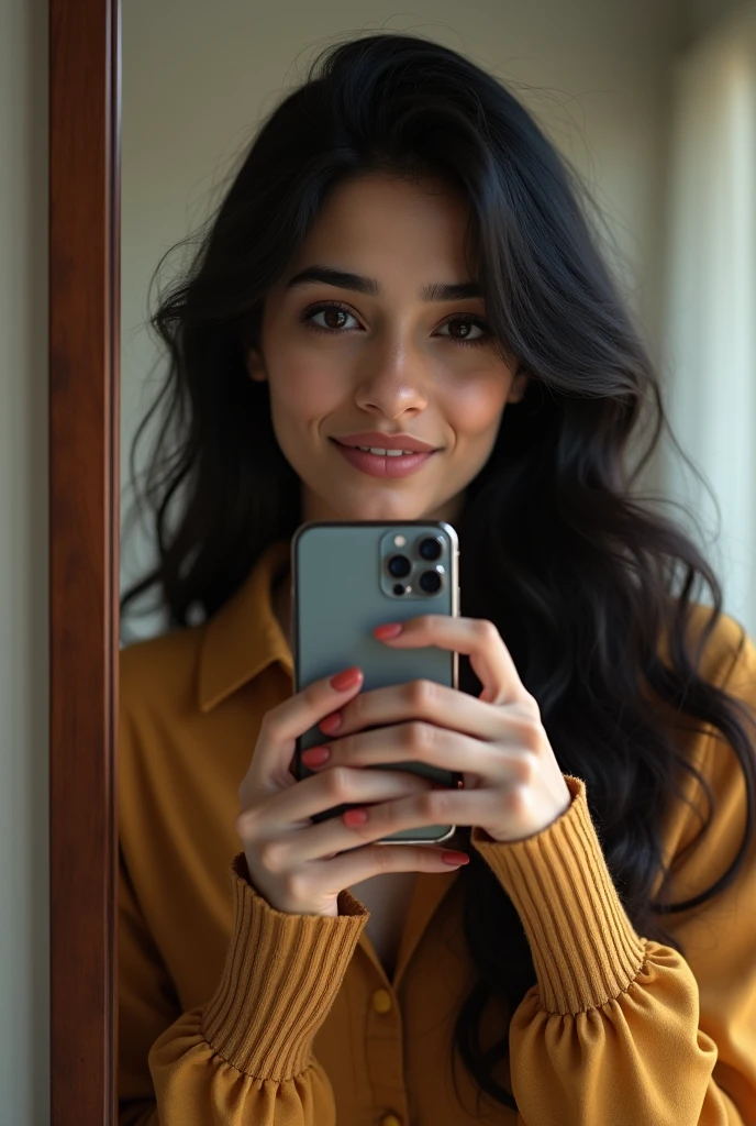 Beautiful girl with wavy long hair, indian girl she is younger and hi one hand mobaile mirror selfie ful Body in mirror selfie and western style