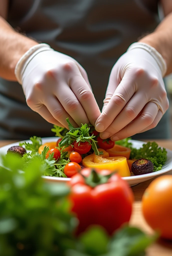 Glove hands garnishing vegetables on food
