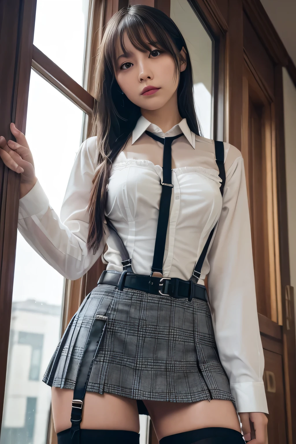 1 female, , high quality, masterpiece, Ultra-high resolution, Cinema Lighting, 1 female, , high quality, masterpiece, Ultra-high resolution, , Cinema Lighting, suspenders Moderate breasts Small face Looking up Sweat Thin belt buzzer 脇Sweat garter belt Belt on pants holster Hands behind your back Looking up Anxious face Knee-high Knee socks Knee-highソックス garter ふとももにgarter belt Checkered mini skirt Panty shot Skirt gap Armament holster holster Hands behind your back Anxious expression Anxious face, legs apart Armament Leg Holster holster See-through clothing heavy rain Rain-soaked dress shirt,Moderate breasts ガーターbelt suspenders Garter on the thigh Checkered mini skirt Looking up Pause belt Armpit sweat Hands behind back Raise your hands