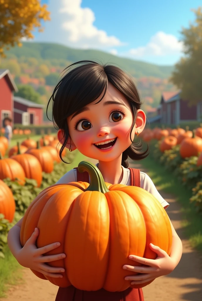 A girl，In the spacious farmyard，Holding a large pumpkin horizontally，Happy smile，Pixar style，Anime style