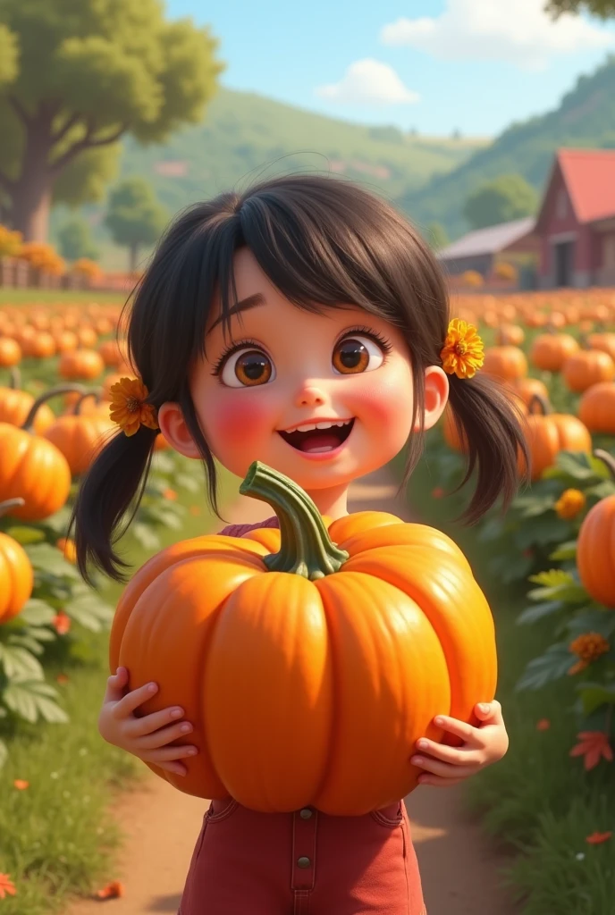 A girl，In the spacious farmyard，Holding a large pumpkin horizontally，Happy smile，Pixar style，Anime style