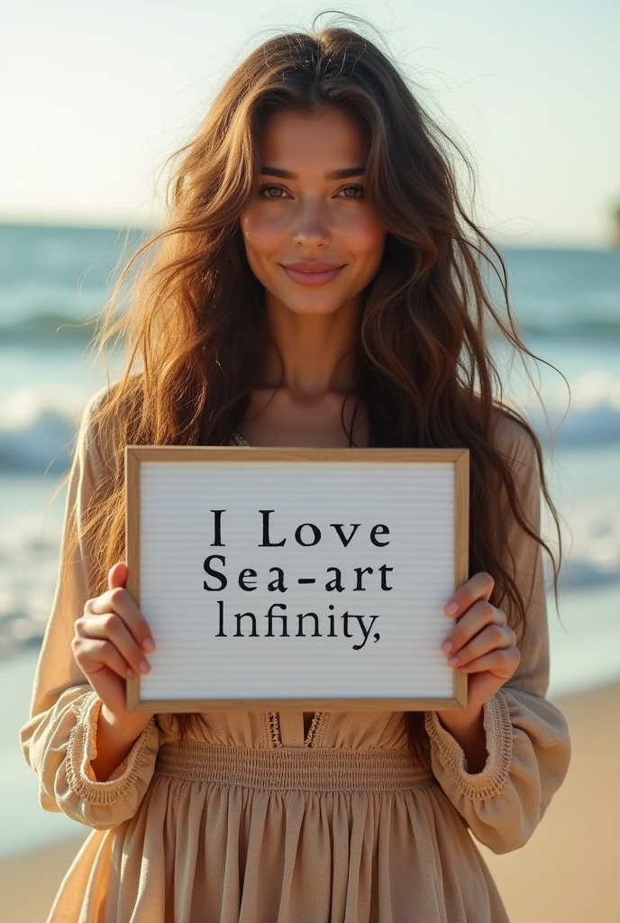 Beautiful girl with wavy long hair, bohemian dress, holding a white board with text "I Love Seaart Infinity" and showing it to the viewer