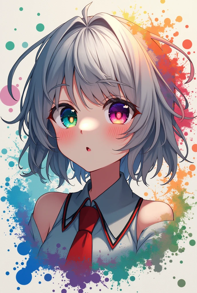 (((masterpiece))),(((Highest quality))),((Very detailed)),(figure),(Dynamic Angle), ((floating)),(paint),((Disheveled Hair)), (alone),(One girl), ((small_chest)), (((Detailed anima face))),((Beautifully detailed face)),collar,Exposing shoulders, Gray Hair, ((Colorful Hair)),((Striped Hair)), Beautiful attention to detail,(Gradient color eyes),(((Colorful eyes))), (((Colorful background))),(((High saturation))),(((Surrounded by colorful splashes))),(((Surrounded by colorful dots))),Colorful Bubbles,((The Shining))