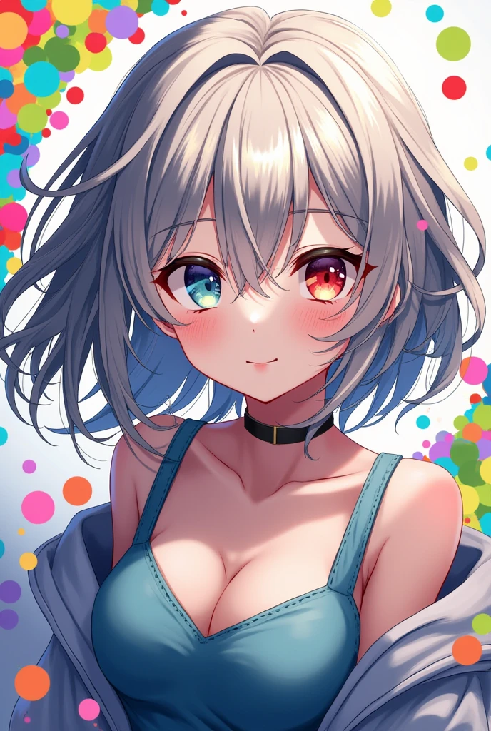 (((masterpiece))),(((Highest quality))),((Very detailed)),(figure),(Dynamic Angle), ((floating)),(paint),((Disheveled Hair)), (alone),(One girl), ((small_chest)), (((Detailed anima face))),((Beautifully detailed face)),collar,Exposing shoulders,  Gray Hair, ((Colorful Hair)),((Striped Hair)), Beautiful attention to detail,(Gradient color eyes),(((Colorful eyes))), (((Colorful background))),(((High saturation))),(((Surrounded by colorful splashes))),(((Surrounded by colorful dots))),Colorful Bubbles,((The Shining))