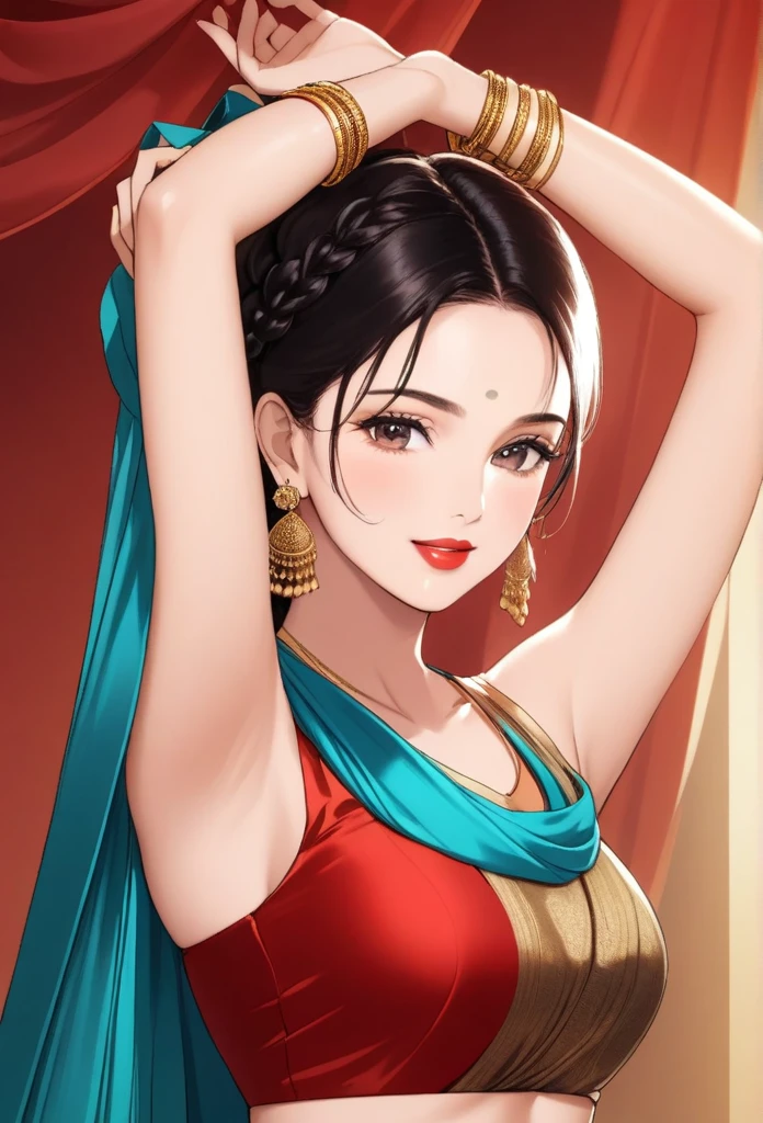 ((1woman, mature,single hair braid,silk saree, big long  jhumka earrings , detailed alluring eyes, smooth detailed lips, beautiful face, smiling ,red lipstick ,navel,bangles,blue ribbon,hands over head 
