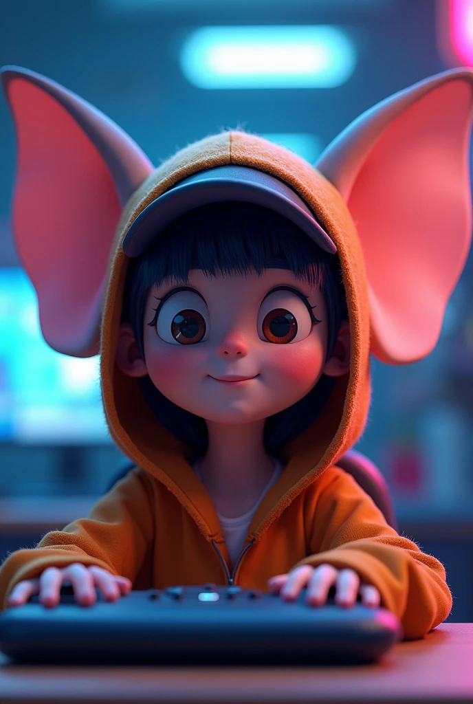 A big-eared person with a cap covering his face in 3d animated gamer logo