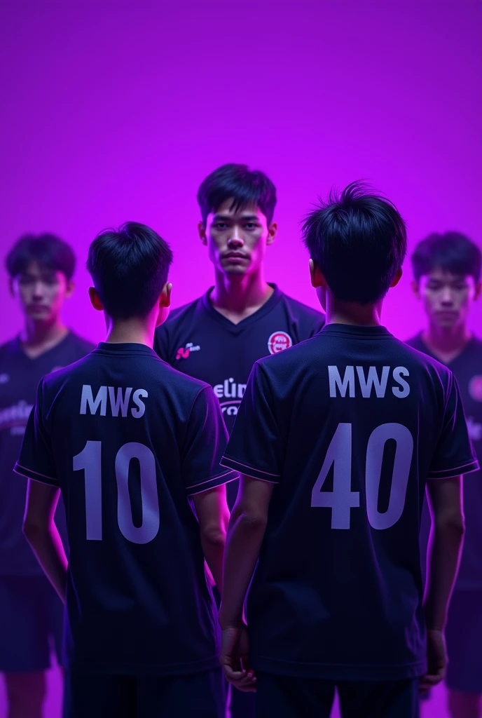 Gamers with the name MWS on their backs using a purple background