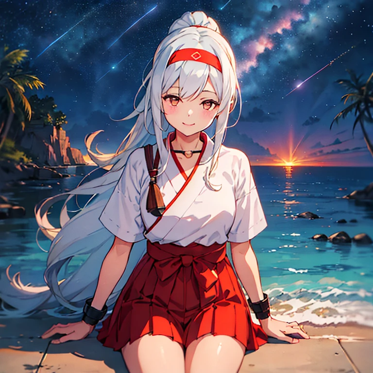 shoukaku_kantaicollection,ponytail,
long_hair, hairband, white_hair, brown_eyes, smile, headband, blush, muneate,
(masterpiece:1.4),(best quality:1.4), (amazing), (great illustration:1.4), (ultra-detailed:1.4), (art CG, 8K),1girl solo,full body,(hakama:1.2)
(gacha game SSR character:1.4),
You can create a 2D RPG top view scene with a summer ocean sky and many meteor showers with high quality graphics.