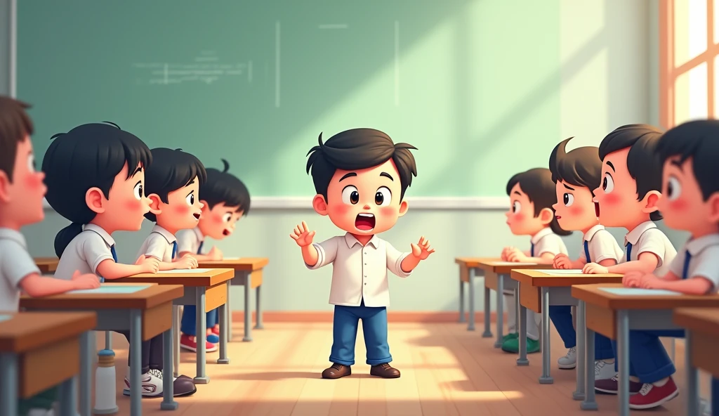 /image prompt: chinese student wear chinese school uniform( white shirt and blue pants,) kid 3 years old boy fight other students in angry way, he always angry ,other students scared of him ,confrontation, in classroom, have table, no one want to stay near him, Q-version character but draw by hands for teacher ppt emotional tension, empty space around, cartoon style, HD, 16k --ar 3:4 --v 6.0