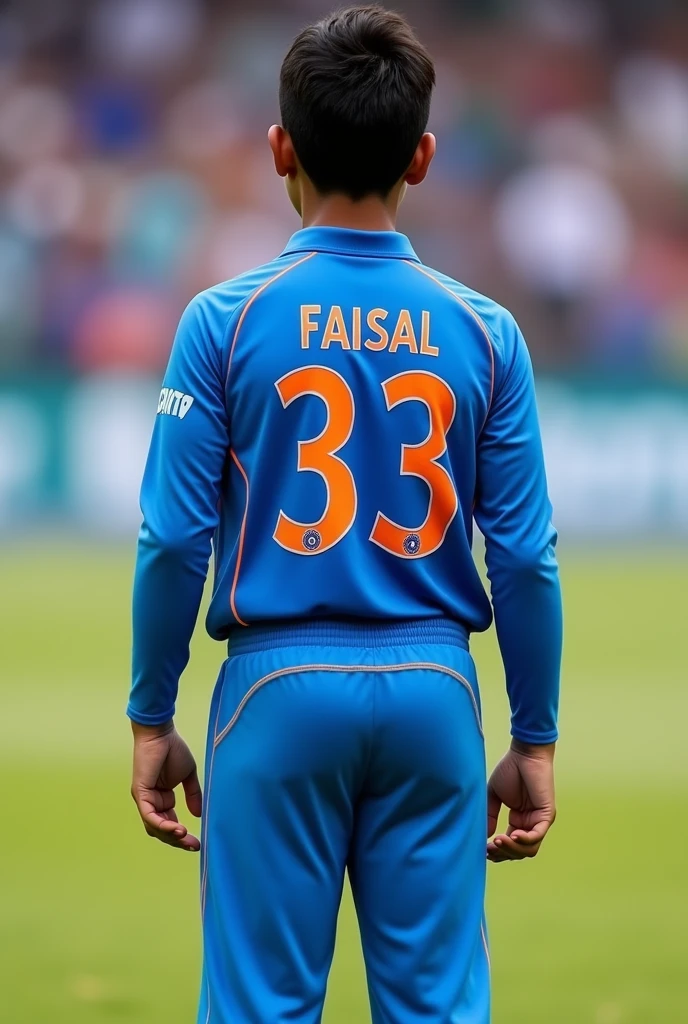 A boy wearing a india cricket kit  backful name" Faisal* with number 33