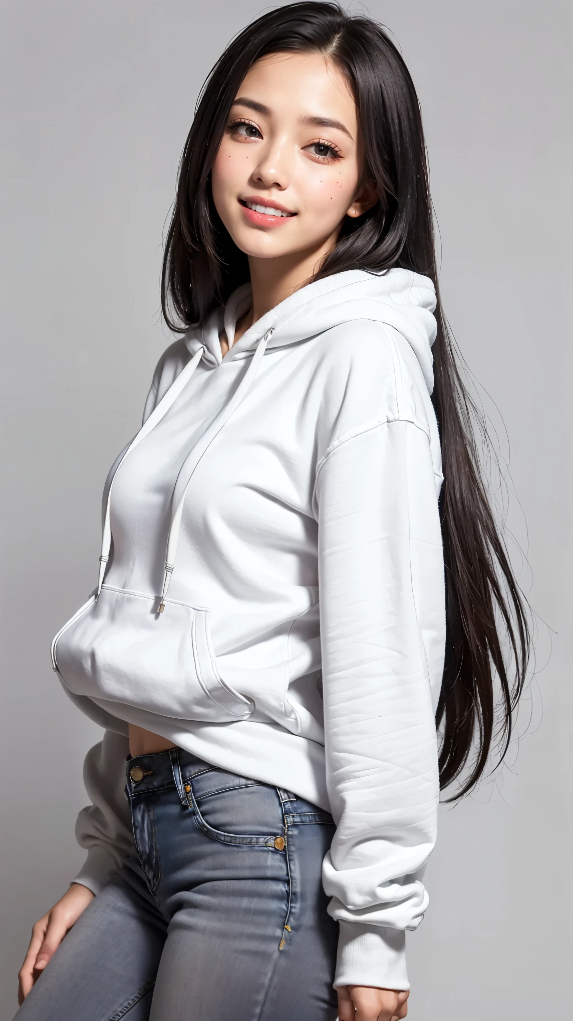 Realistic, masterpiece, Highest quality, Highest Resolution, Anatomically correct, Accurate Anatomy, (Gray blank background:1.3), (1girl:1.3), 20-year-old, Height: 165cm, Shot from thigh up, (Thick thighs:1.2), (Long Hair, Straight Hair, Silver Hair:1.3), (Squint your eyes, Sharp Eyes, (Iris:1.2)), (Hidden eyelid wrinkles:1.2), Thin eyebrows, Draw eyelashes carefully, Natural Makeup, Chin up, Grin, Slightly to the side, (White hoodie and denim hot pants:1.3), (Barker's hood is not on, There are two strings:1.3), (Sitting with legs spread on a simple chair:1.2)