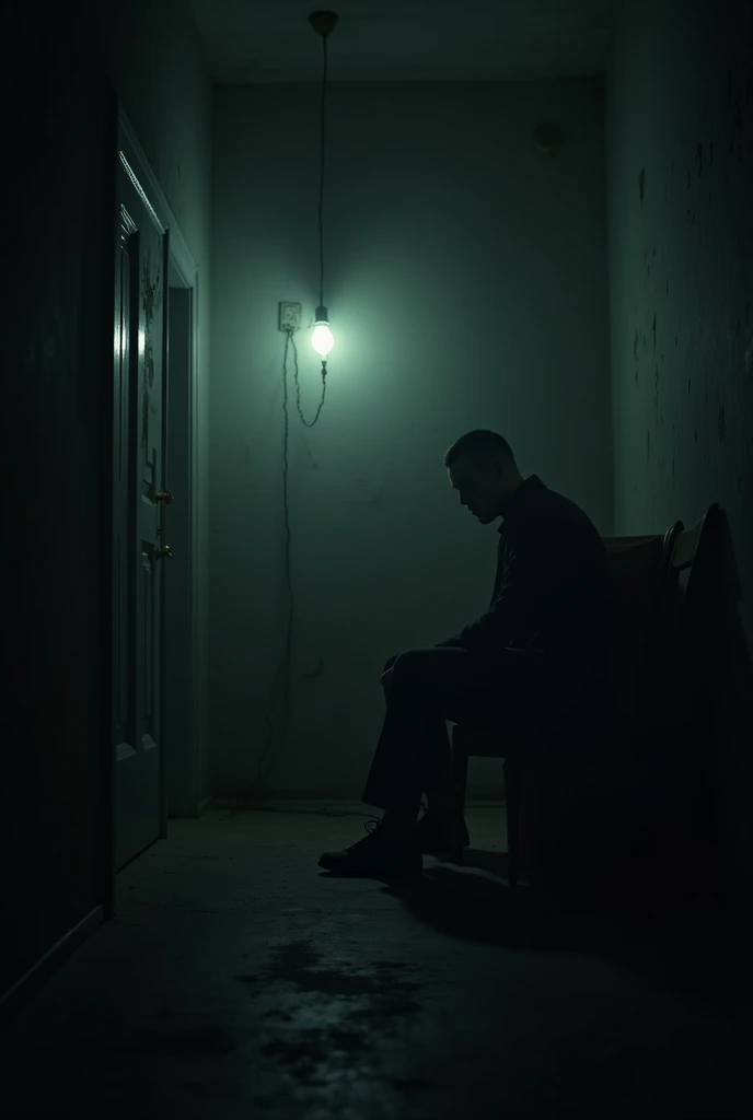 A dimly lit room with a single flickering light bulb. The camera slowly zooms in on a mysterious figure sitting in the shadows.]