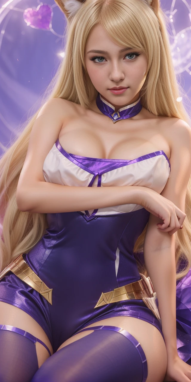 a gorgeous 10 year-old girl, straight blonde hair, ahri league of legends, extremely detailed, 4k, perfect face