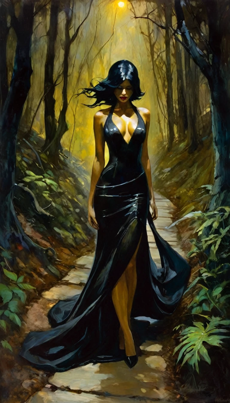 winding path, magic, fantasy,sexy monsters,eroticism, sexy, between shadows, oil painting, chiaroscuro, sensual, dramatic lighting, moody atmosphere, powerful composition, emotional impact, art inspired by Bill Sienkiewicz and dave mckean
