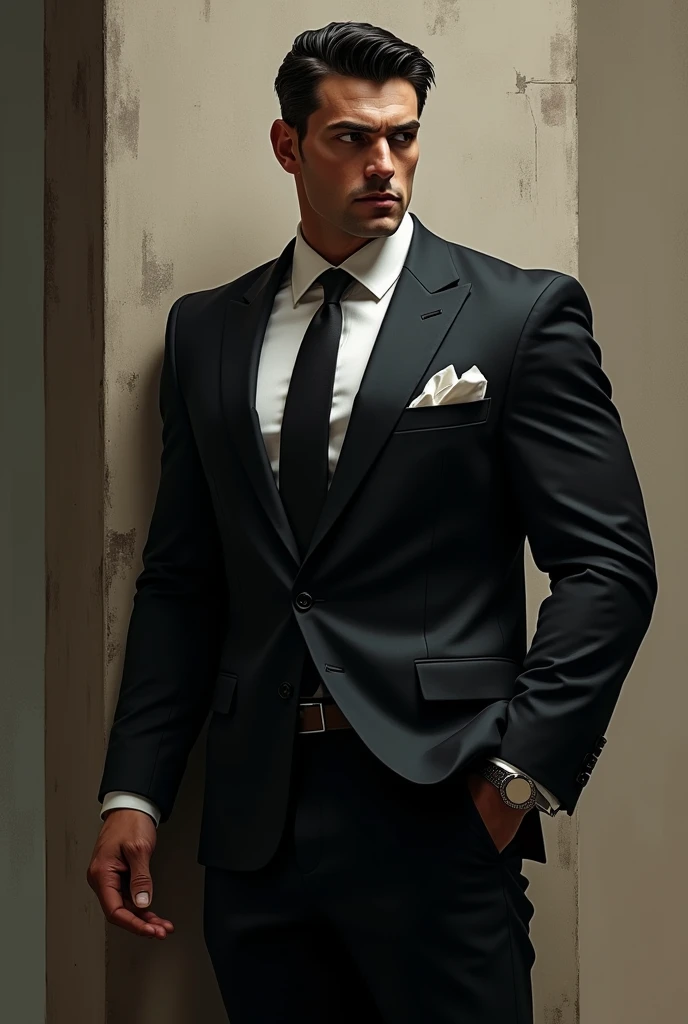 A man whit broad shouldered 27 years old with vainy arms in suit with tall structure, with dark black hair and very dark eyes with long leshes and little very little tan skinton
So handsome but un approachable you can only look him from afar make make more manly and daddy type mafia type