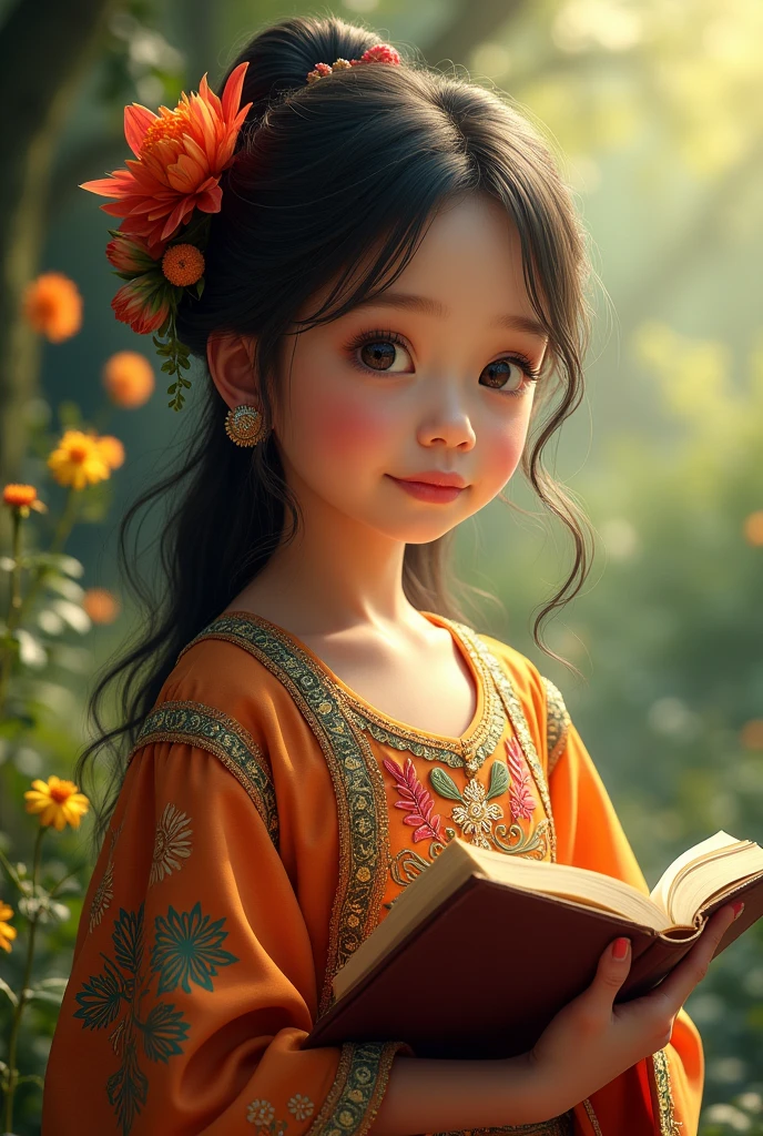a girl in a traditional filipino dress holding a book, extremely detailed face and eyes, detailed intricate patterns on the dress, beautiful scenery with lush greenery and flowers in the background, (best quality,4k,8k,highres,masterpiece:1.2),ultra-detailed,(realistic,photorealistic,photo-realistic:1.37),HDR,UHD,vivid colors,vibrant lighting,warm colors,cultural,filipino art,poster