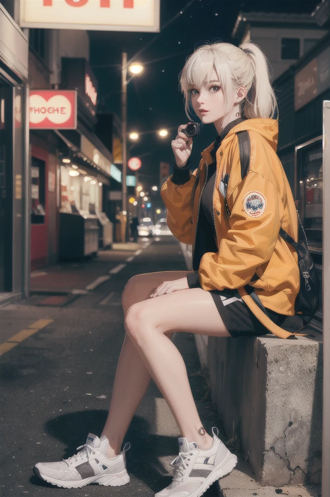 (masterpiece:1.2, best quality), realistic, (real picture, intricate details, depth of field), close up, Edgy girl, dark orange jacket, techwear, camera, backpack, white sneaker, platinum blonde hair color, ponytail, dramatic makeup, piecing, sitting outside of a convenience store, looking at the street, outdoor, ((nighttime, dark city)), neon signs, individuality, authenticity, creative expression