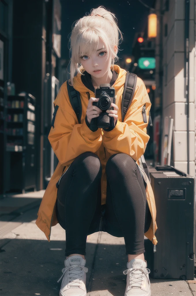 (masterpiece:1.2, best quality), realistic, (real picture, intricate details, depth of field), close up, Edgy girl, dark orange jacket, techwear, camera, backpack, white sneaker, platinum blonde hair color, ponytail, dramatic makeup, piecing, sitting outside of a convenience store, looking at the street, outdoor, ((nighttime, dark city)), neon signs, individuality, authenticity, creative expression