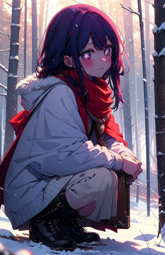 aihoshino, Ai Hoshino, Long Hair, bangs, (Purple eyes:1.1), Purple Hair, (Symbol-shaped pupil:1.5), smile,,smile,blush,white breath,
Open your mouth,snow,Ground bonfire, Outdoor, boots, snowing, From the side, wood, suitcase, Cape, Blurred, , forest, White handbag, nature, Squat, Mouth closed, Cape, winter, Written boundary depth, Black shoes, red Cape break looking at viewer, Upper Body, whole body, break Outdoor, forest, nature, break (masterpiece:1.2), Highest quality, High resolution, unity 8k wallpaper, (shape:0.8), (Beautiful and beautiful eyes:1.6), Highly detailed face, Perfect lighting, Highly detailed CG, (Perfect hands, Perfect Anatomy),