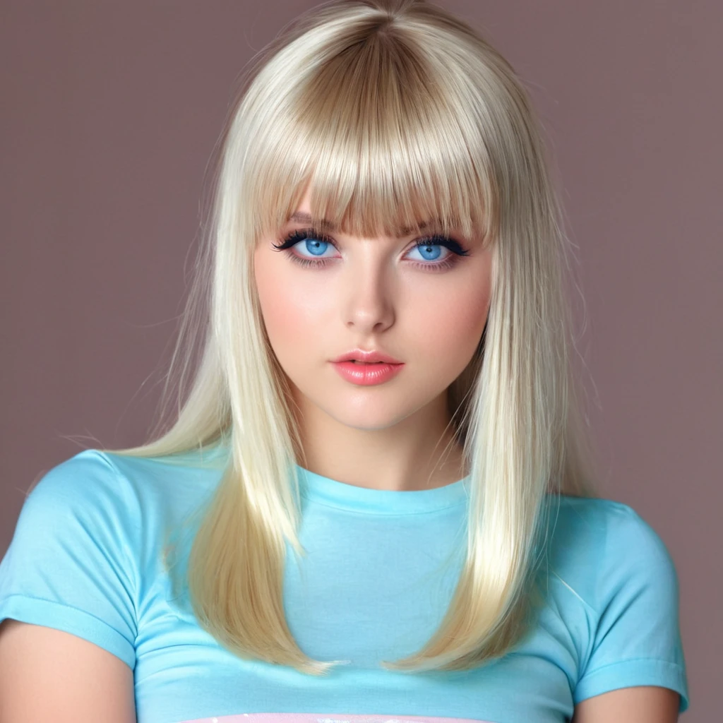 Unparalleled beauty, shiny shiny firm and shiny skin, bangs between eyes, shiny straight beautiful platinum blonde, super long straight silky hair, eyeliner, sexy beautiful innocent 14 years old, high definition big big beautiful bright blue eyes, beautiful and lovely girl, baby face, short sleeve shirt