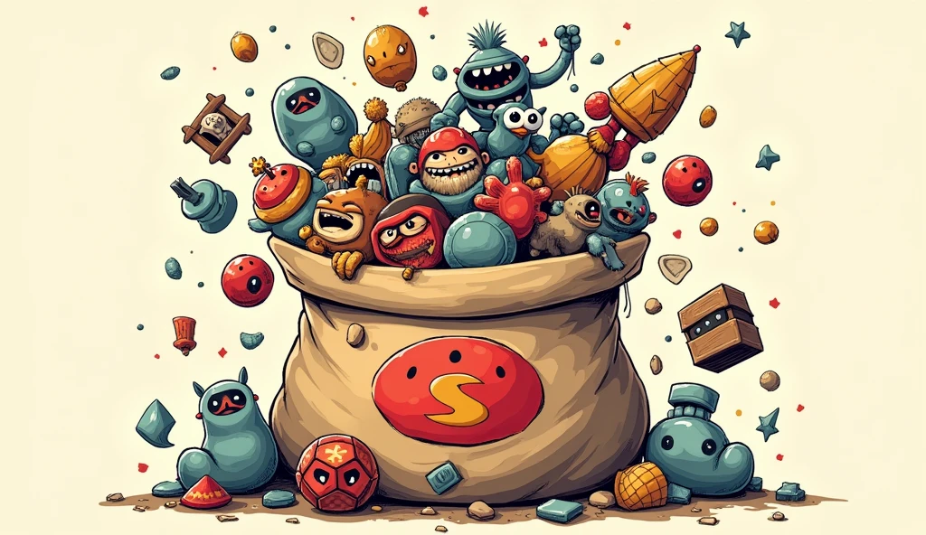 Close up of a cartoon bag with a bunch of items, Ink art brawlstars, mobile Game Art, Brawl Star, bloons td 6 dart monkey, the king of thieves, mobile game asset, Game Art, 2d Game Art, 2 d Game Art, mobile game, mobile game background, Game Icon Assets, Official ink art, Propaganda Art, game illustration