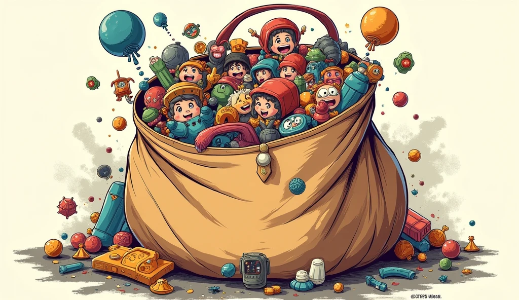Close up of a cartoon bag with a bunch of items, Ink art brawlstars, mobile Game Art, Brawl Star, bloons td 6 dart monkey, the king of thieves, mobile game asset, Game Art, 2d Game Art, 2 d Game Art, mobile game, mobile game background, Game Icon Assets, Official ink art, Propaganda Art, game illustration
