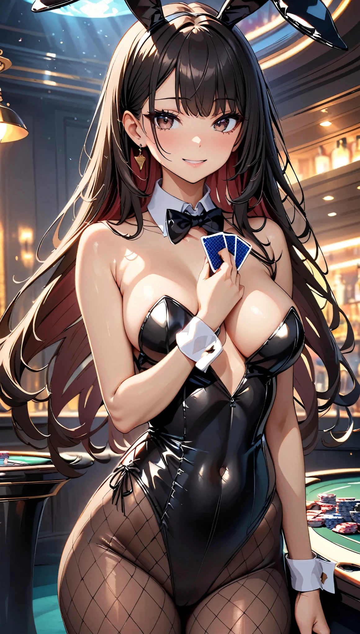 (Highest quality:1.2, Attention to detail, masterpiece:1.2, Best aesthetics), (1 girl), Cowboy Shot, ((Playboy Bunny, Fishnet tights:1.2, Bunny ears, ハイレグ leotard, 黒leotard:1.1, leotard)), (Black Hair, Long Hair, Asymmetrical bangs, Dark brown eyes), 美しいAttention to detail目, Beautiful lip detail, Highly detailed face, Detailed Fashion, elegant, luxury, High quality fabric, Shine, Shine, smile, ((Card games, poker, Holding a deck of cards:1.2)), bar, Nightclub, night, Dramatic lighting, Cinematic, Bright colors, Intricate details, Chiaroscuro lighting.