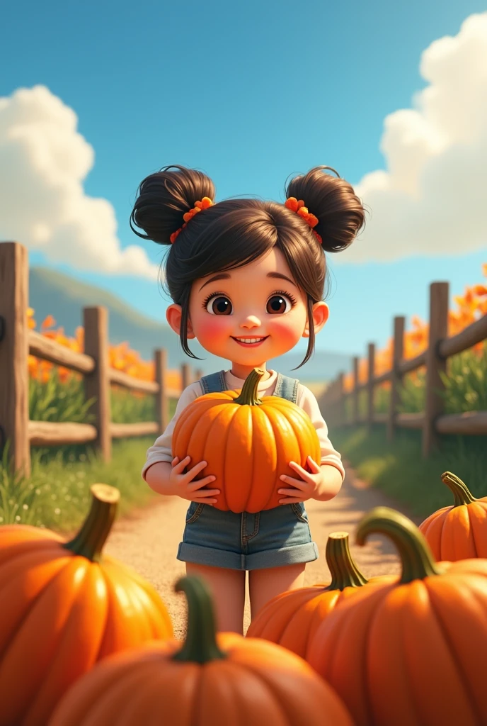 A girl，In the spacious farmyard，Background is fence，(((Holding a large pumpkin horizontally)))，Very happy smile，Pixar style，Anime style