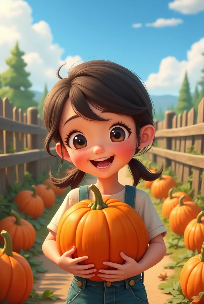 A girl，In the spacious farmyard，Background is fence，(((Holding a large pumpkin horizontally)))，Very happy smile，Pixar style，Anime style