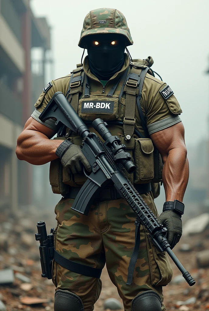 Muscular army man,holding a AWM sniper gun,,ghost mask on his face,with the name MR-BDK on chest batch,wearing army grass costume,cheering in the battle ground