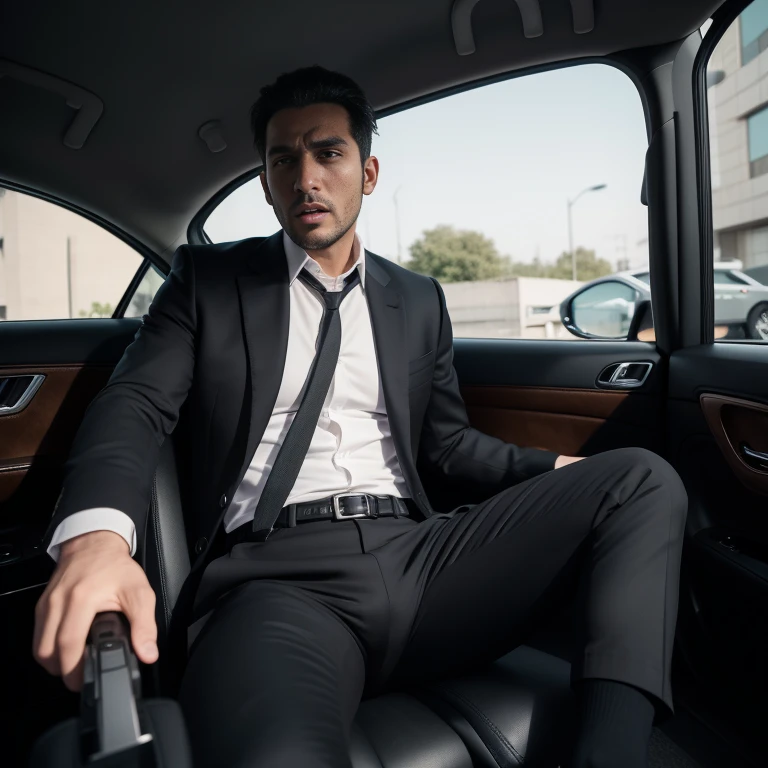40-year-old male,Black suit,Inside the car、mafia、Tall man、Squat with your legs wide apart、I have an erection、The crotch area of the pants is bulging,logic,Gay ,Very short hair、、Stubble,Iraqi face,Hermes Belt。Black socks、Equipped with a gun、Screaming under attack、Painful face