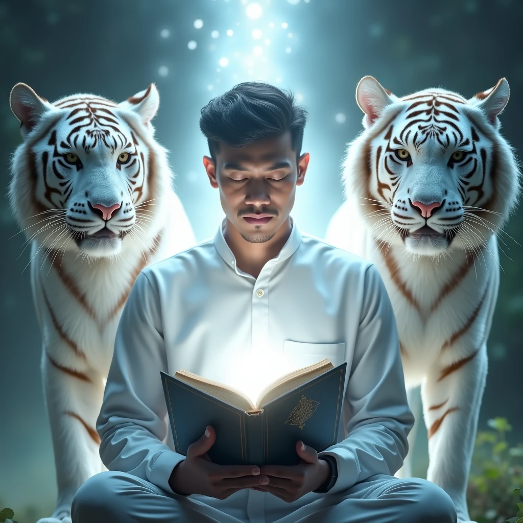 Indonesian man face covered in white light holding the Quran with divine light surrounding him along with several shining white tigers