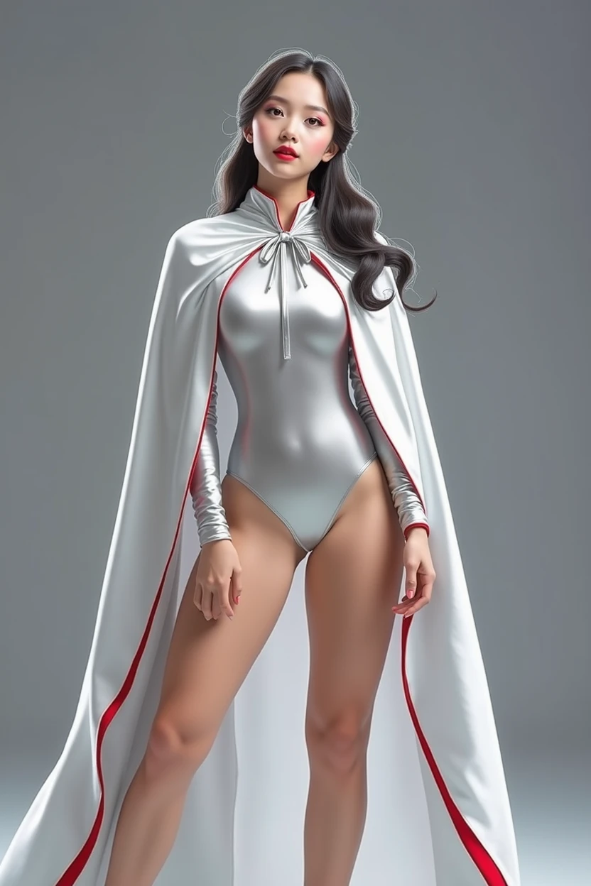 Photography of a beautiful young woman beautiful breasts in white latex jumpsuit , the style of chiaroscuro light. Renaissance theme and composition against a large red moon background and a chiaroscurro color scheme, medium body shot, studio photography