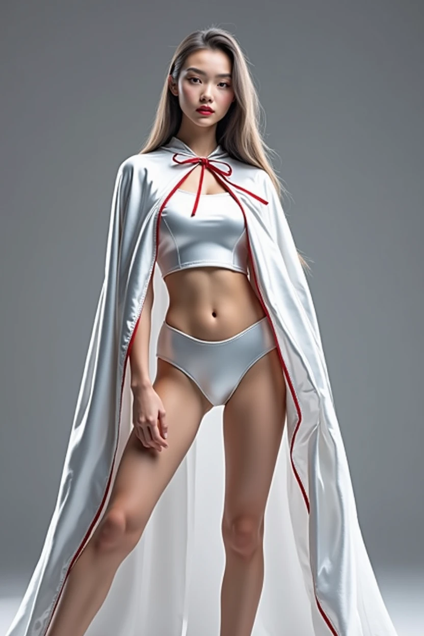 (RAW photo, best quality, masterpiece, ultra-detailed, high res), (realistic),(extremely delicate and beautiful:1), mesmerizing picture of beautiful girl with long black hair , wearing a long silver and red lined satin cape tied at the neck with a ribbon , silver leotard , highly detailed, extremely high-resolution details, photographic, realism pushed to extreme, fine texture, 4k, ultra-detailed, high quality, high contrast